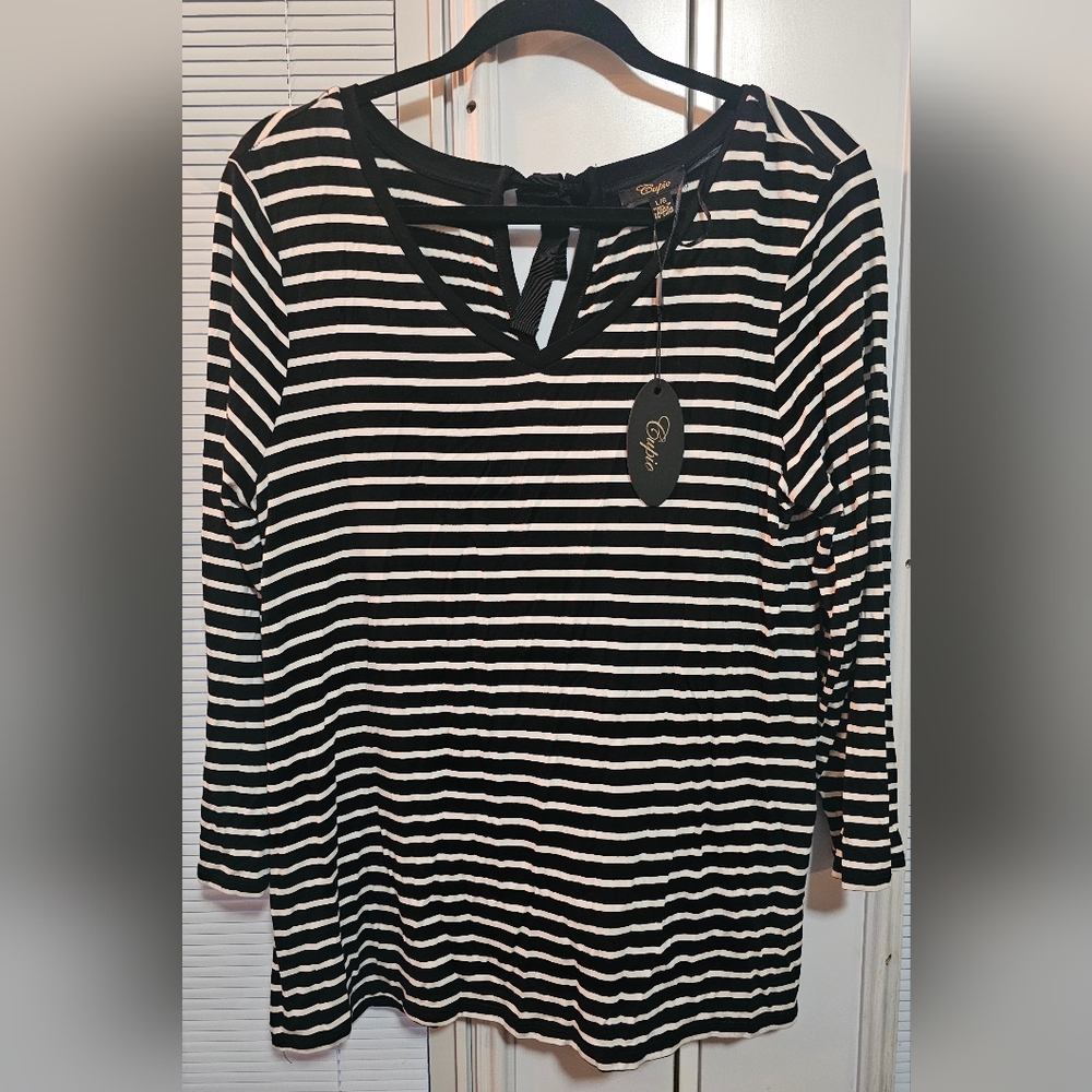 Cupio Black & White Striped Long Sleeve V- Neck Top w/ Bow Accents And Tie Back